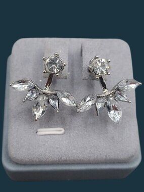 Vintage Style CZ Ear Jacket Earrings 2N1 Convertible Silver Tone Marquise Fan St
